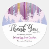 Winter Verjaardag Blauw Paarse met sneeuwbomen Ronde Sticker (Voorkant)