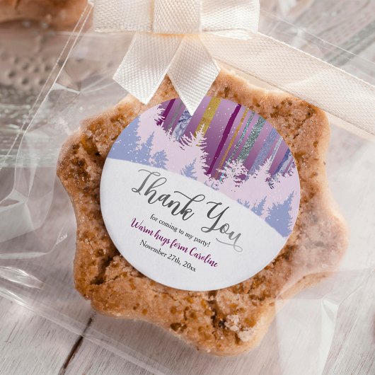 Winter Verjaardag Blauw Paarse met sneeuwbomen Ronde Sticker