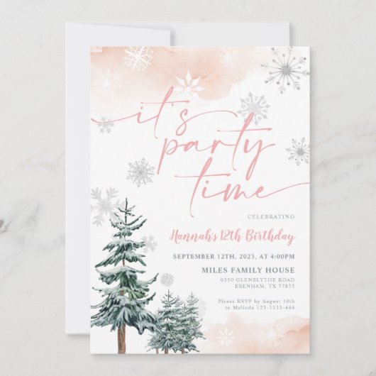 Winter verjaardag uitnodiging, het is feest tijd kaart (Voorkant)