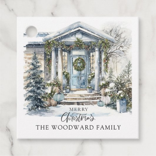 Winter Versierd Kersthuis Bedankjes Labels (Voorkant)