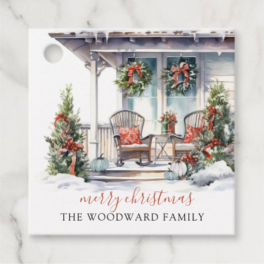 Winter Versierde Kerst Huis Cadeau Labels (Voorkant)