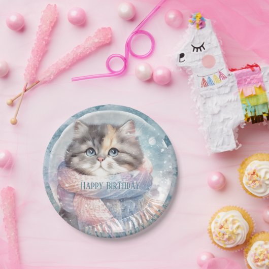 Winter Vibes Cat met een sjaal Verjaardag Papieren Bordje (Feest)