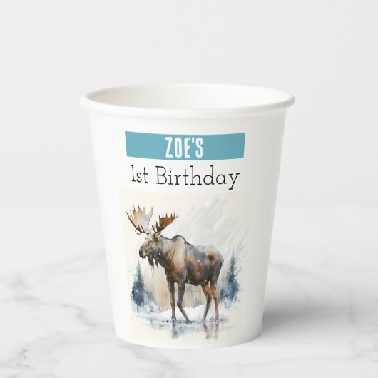 Winter vibes Moose - 1e verjaardag - Papieren Bekers (Voorkant)