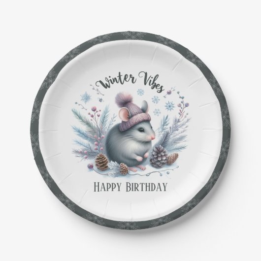 Winter Vibes Mouse - Verjaardag Papieren Bordje (Voorkant)