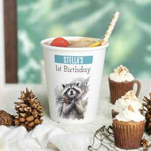 Winter vibes Raccoon - 1e verjaardag - Papieren Bekers