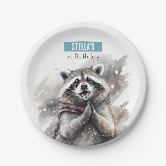 Winter vibes Raccoon - Verjaardagsfeest - Papieren Bordje (Voorkant)