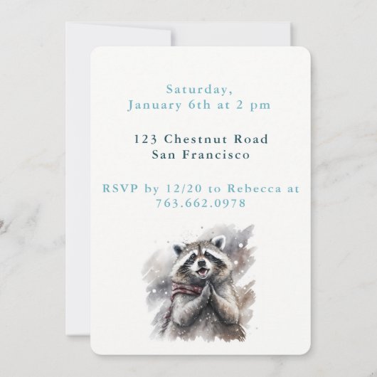 Winter vibes Raccoon - Verjaardagsuitnodiging Kaar Kaart (Achterkant)