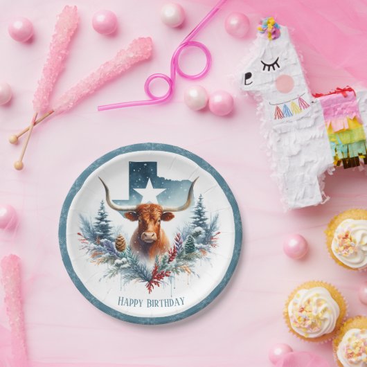 Winter Vibes Texas Longhorn Verjaardag Papieren Bordje (Feest)