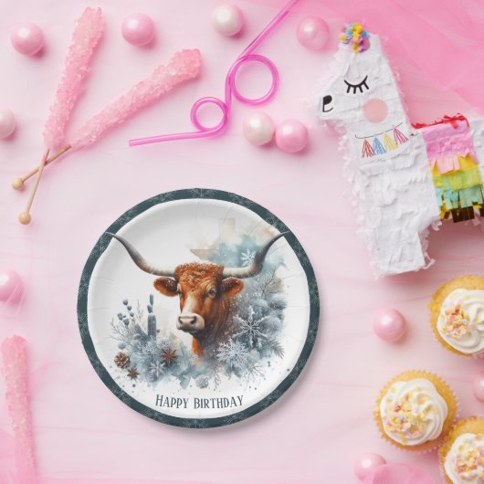 Winter Vibes Texas Longhorn Verjaardag Papieren Bordje (Feest)