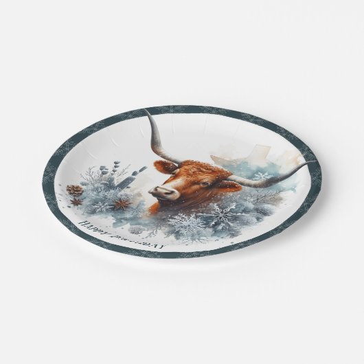 Winter Vibes Texas Longhorn Verjaardag Papieren Bordje (Gekanteld)