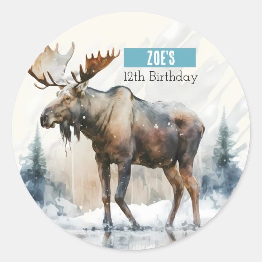 Winter Vibes Waterverf Moose - Verjaardagsfeest - Ronde Sticker (Voorkant)