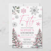 Winter Vijftig Verjaardag Uitnodiging, roze en zil Kaart (Voorkant)