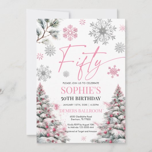 Winter Vijftig Verjaardag Uitnodiging, roze en zil Kaart (Voorkant)