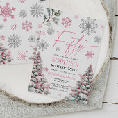 Winter Vijftig Verjaardag Uitnodiging, roze en zil Kaart