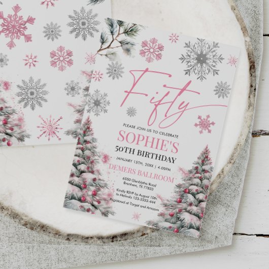 Winter Vijftig Verjaardag Uitnodiging, roze en zil Kaart