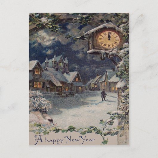 Winter Village Klok Nieuwjaar Feestdagenkaart (Voorkant)