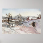 Winter Village Landschap Waterverf Print Poster (Voorkant)
