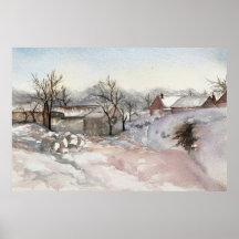 Winter Village Landschap Waterverf Print Poster