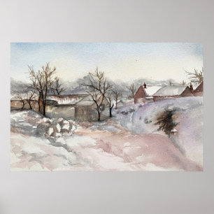 Winter Village Landschap Waterverf Print Poster