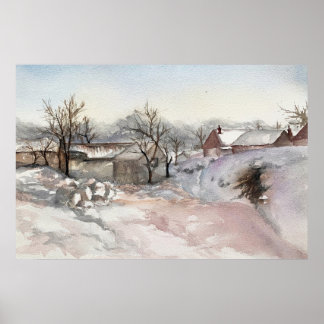 Winter Village Landschap Waterverf Print Poster