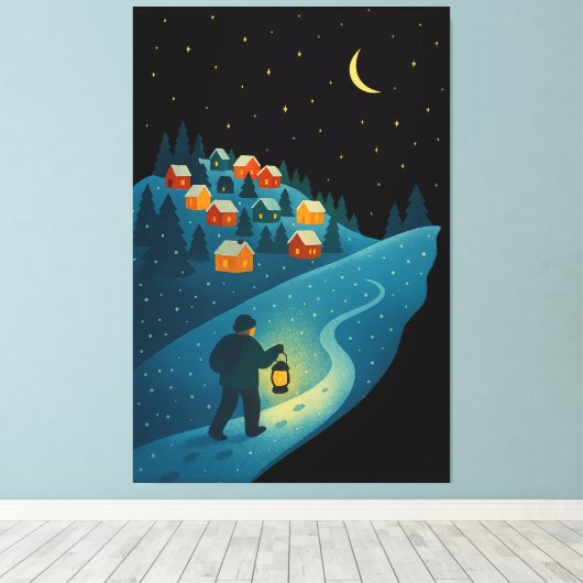 Winter Village Lantern Walk Night Wrapped Canvas A (Insitu (Houten vloer))