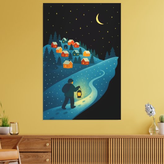 Winter Village Lantern Walk Night Wrapped Canvas A (Insitu (Woonkamer))