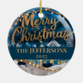 Winter Village Merry Christmas Custom Family Name Keramisch Ornament (Achterkant)