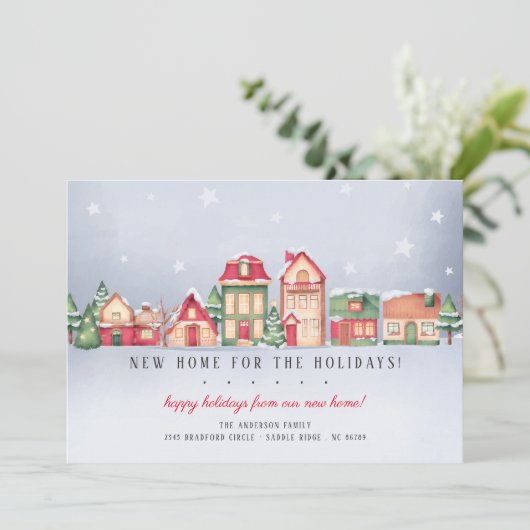 Winter Village New Home voor de Feestdagen Kerst Kaart (Staand voorkant)