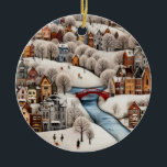 Winter Village Scene Cozy Snowy Town  Keramisch Ornament<br><div class="desc">Perfect for puzzle lovers, Scandinavian decor fans, holiday shoppers, and fans of whimsical winter art, this delightful illustration depicts a snow-covered European-style town with vibrant houses, a striking red bridge, icy river, and tiny figures skating, walking, and playing. Ideal as wall art, jigsaw puzzle print, Christmas gift, or nursery/kids’ room...</div>