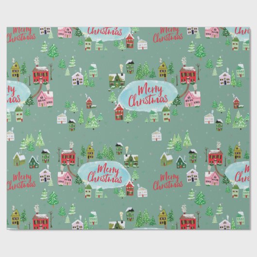 Winter Village Scene Merry Kerstry Cadeaupapier (Vlak)