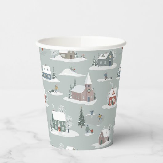 Winter Village Sneeuwlandschap Patroon Papieren Bekers (Links)