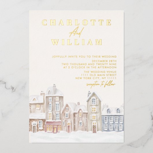 Winter Village Town Kerstvakantie bruiloft Folie Uitnodiging (Voorkant)
