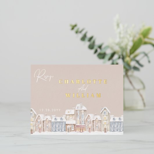 Winter Village Town Kerstvakantie RSVP Folie Uitnodiging Briefkaart (Staand Voorkant)