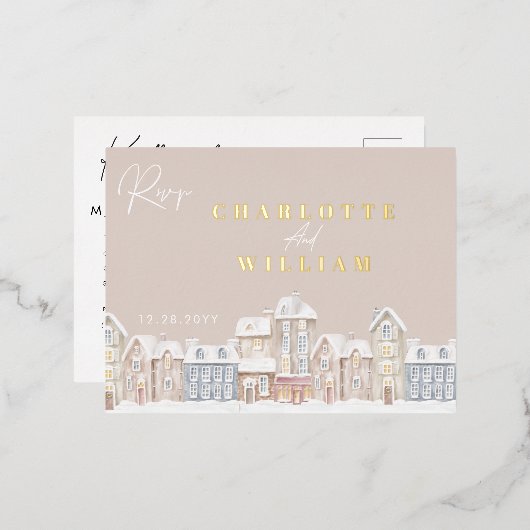 Winter Village Town Kerstvakantie RSVP Folie Uitnodiging Briefkaart (Voorkant / Achterkant)