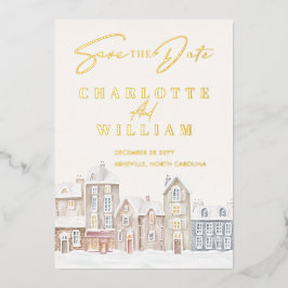Winter Village Town Sneeuwvakantie Save the Date Folie Uitnodiging
