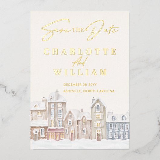 Winter Village Town Sneeuwvakantie Save the Date Folie Uitnodiging (Voorkant)