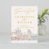 Winter Village Town Sneeuwvakantie Save the Date Folie Uitnodiging (Staand Voorkant)