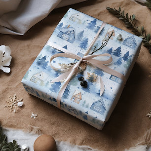 Winter Village Waterverf Sneeuwwitje Kerst Cadeaupapier