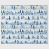 Winter Village Waterverf Sneeuwwitje Kerst Cadeaupapier (Vlak)