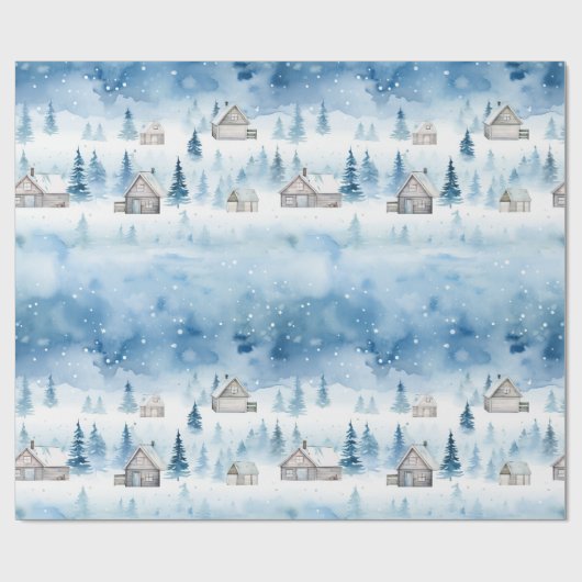 Winter Village Waterverf Wit Kerstmodern Cadeaupapier (Vlak)