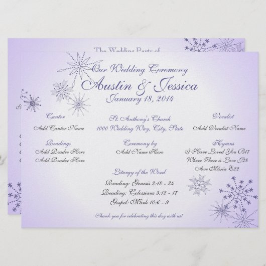Winter Violet Snowflake Wedding Programme Kaart (Voorkant / Achterkant)