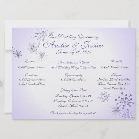 Winter Violet Snowflake Wedding Programme Kaart (Voorkant)