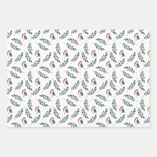 Winter Vogel en Bladeren Patroon Inpakpapier Vel (Voorkant 2)