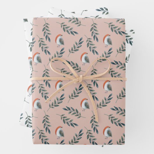 Winter Vogel en Bladeren Patroon Inpakpapier Vel (In situ)