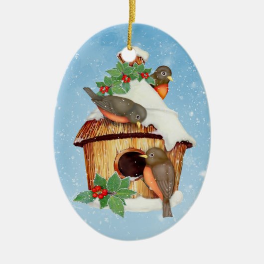Winter Vogels en Vogelhuis - Aanpassen Keramisch Ornament (Voorkant)