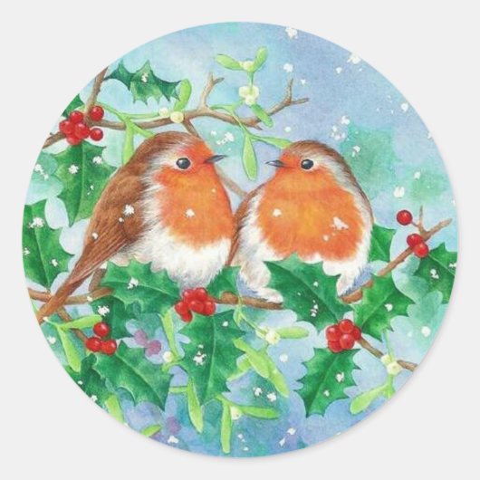 Winter Vogels & Holly bessen in Vallende Sneeuw Ronde Sticker (Voorkant)