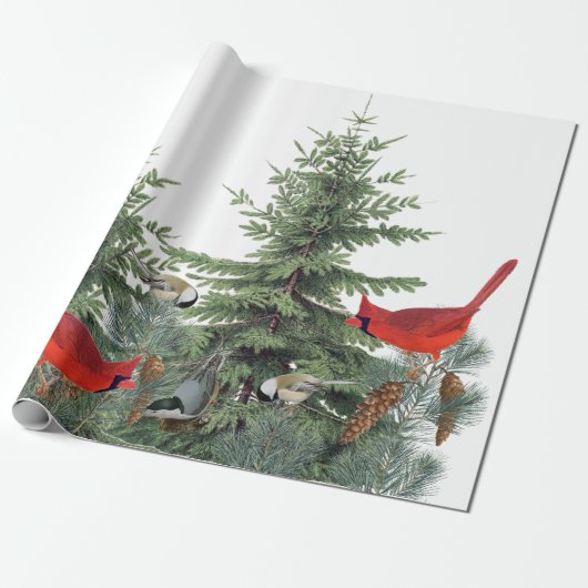 Winter Vogels Kardinaal Chickadee Nuthatch Cadeaupapier (Uitgerold)