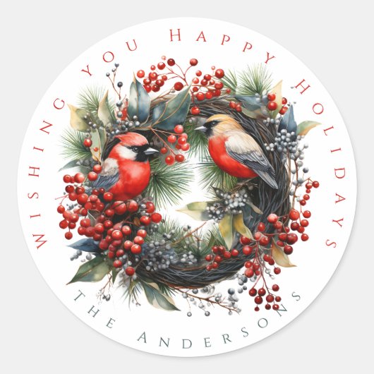 Winter Vogels krans personaliseren Ronde Sticker (Voorkant)