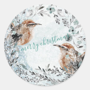 Winter Vogels Nesting Dusty Blue Kerstmis Wreater Ronde Sticker