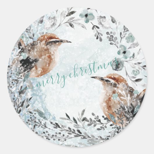 Winter Vogels Nesting Dusty Blue Kerstmis Wreater Ronde Sticker (Voorkant)